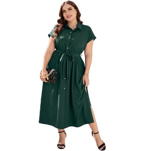 Womens Plus Size Business Casual Shirt Dress for Work Half Placket Summer Button Dress Short Sleeve Split Maxi Dress - 1 of 4