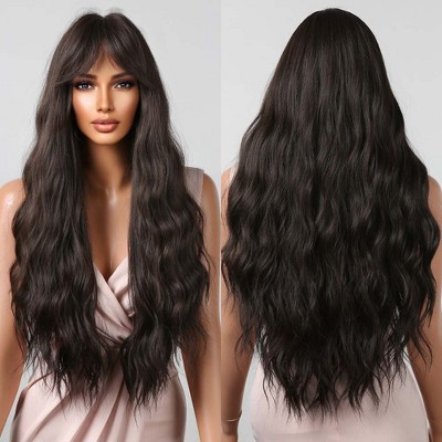 Jessie's Wig 28inch Long Ocean Wave Curtain Bangs Wig Synthetic Wigs Brown Highlight 1 Pc/Pack