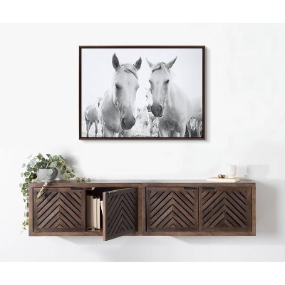 38" x 28" Black and White Canvas Print of Horses in Brown Frame