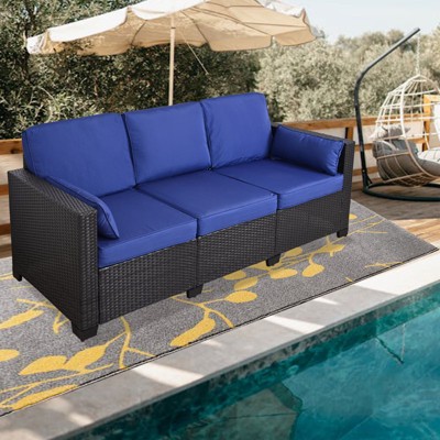 FURNIinspire Patio Accent Chairs 3 Seat Patio Wicker Sofa, Outdoor Rattan Sectional Couch Furniture With Blue Seat Cushion, Black, 29.1"*79"*29.55"