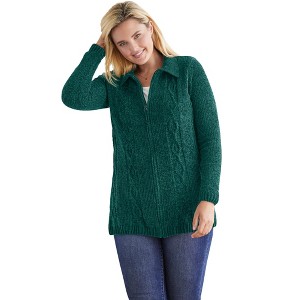 Woman Within Chenille Zip Cable Cardigan - 1 of 4
