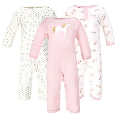 Hudson Baby Infant Girl Cotton Coveralls 3pk, Gold Unicorn