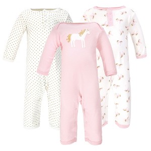 Hudson Baby Infant Girl Cotton Coveralls 3pk, Gold Unicorn - 1 of 1