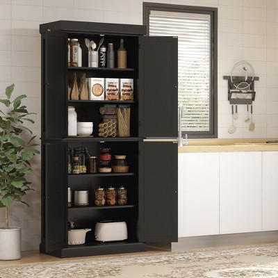 Tall Black MDF Kitchen Pantry Cabinet with Recessed Panel Doors