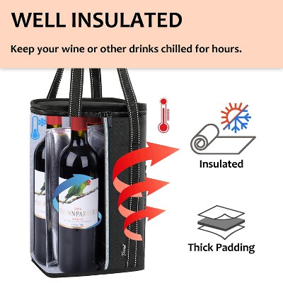 Black Insulated 4 Bottle Wine Carry Cooler Tote Bag with Removable Divider