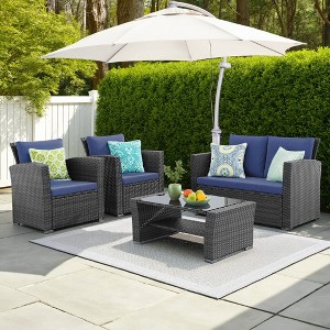 4-Piece Outdoor Patio Set PE Rattan Sectional Sofa with Tempered Glass Coffee Table & Cushions, Blue Wicker Furniture - 1 of 4