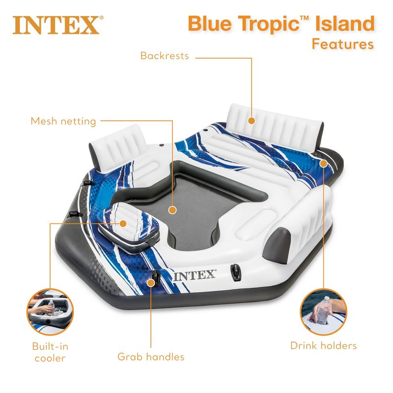 Intex Blue Tropic Inflatable Lake or Swimming Pool Island Water Floating Lounger Raft with Backrests, Built-In Cooler, and 4 Cupholders, 5 of 10