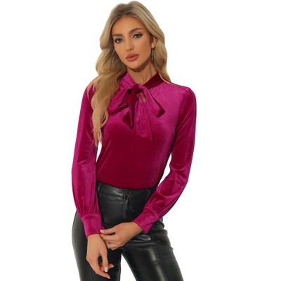 INSPIRE CHIC Women's Vintage Solid Gothic Velvet Dressy Bow Tie Neck Business Shirt