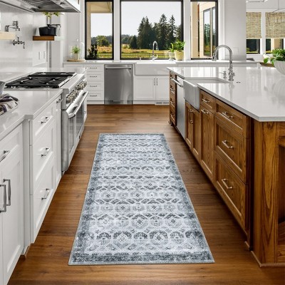 Vintage Area Rug Boho Low-Pile Indoor Floral Print Carpet for Living Room Bedroom, 2' x 6' Gray