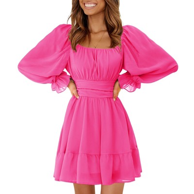 EXLURA Women's 2025 Casual Long Lantern Sleeve Dresses Square Neck Ruffle Tie Back Elastic Waist Aline Short Mini Dress