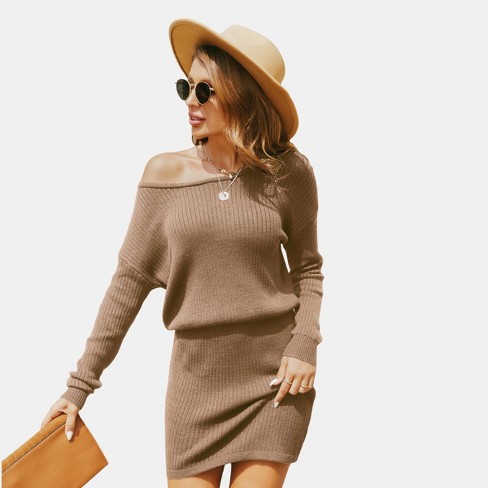 Women's Rib One-Shoulder Sweater Dress - Cupshe-L-Beige