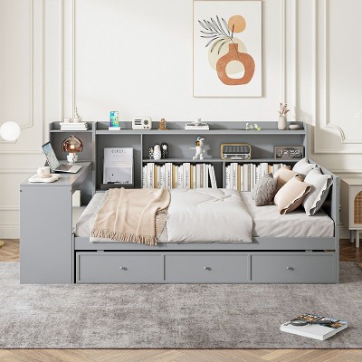 Full Size Platform Daybed, Bed with Desk and USB Ports, Storage Bed with 3 Storage Drawers and Side Shelves, Pine Wood Frame Bed-Baofuwish