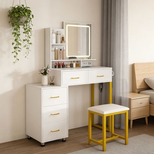 KTMBDW Vanity Desk Table with Lighted Mirror 31.5¡° Girls Makeup Vanity with Power Outlet 3 Colors Lighting Vanity Table for Women Bedroom White - 1 of 4