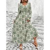 Long Sleeve Dress for Women Casual Elegant Boho Floral Smocked Dress V Neck High Waist Ruffle Tiered Midi Dresses - 3 of 4
