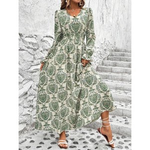 Long Sleeve Dress for Women Casual Elegant Boho Floral Smocked Dress V Neck High Waist Ruffle Tiered Midi Dresses - 1 of 4