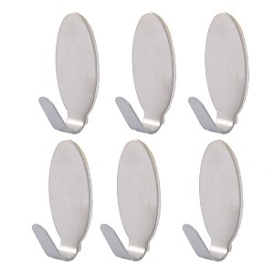 Unique Bargains Stainless Steel Oval Shaped Self Adhesive Wall Hooks and Hangers Silver Tone 6 Pcs - 1 of 4