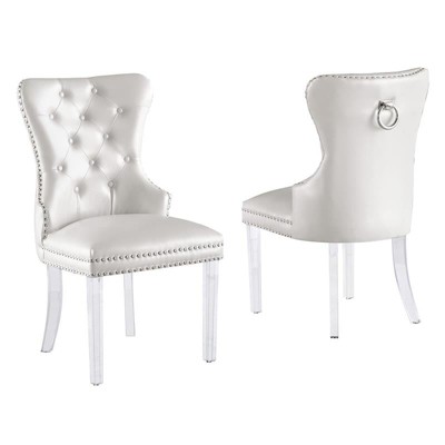 Elegant White Faux Leather Tufted Parsons Side Chair with Acrylic Legs