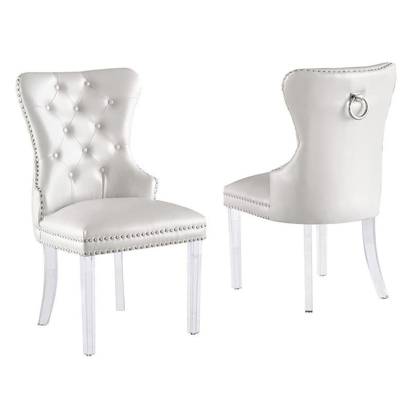Tufted White Faux Leather Side Chairs with Clear Acrylic Legs (Set of 2), 1 of 4