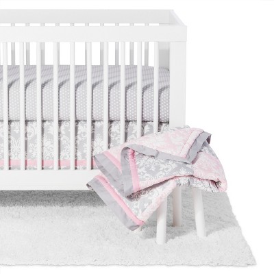 grey and pink crib bedding