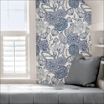 Navy Floral Garden Peel and Stick Wallpaper, Self-Adhesive Vinyl