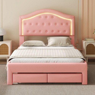 Streamdale Full Size Upholstered Platform Bed with Tufted Headboard, LED and 2 Drawers, Pink