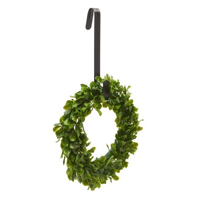 Farmlyn Creek Artificial Boxwood Wreath with Door Hanger, Farmhouse Décor, 14.5 in