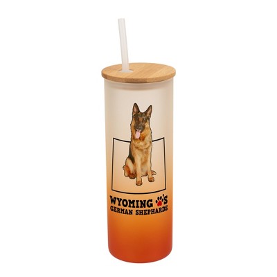 Elanze Designs The Cowboy State Wyoming Loves German Shepherds Orange and White Ombre Frosted Glass Travel Tumbler with Straw and Wooden Lid, 25 Ounce
