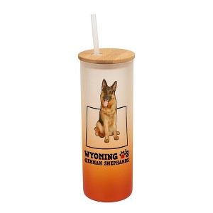 Elanze Designs The Cowboy State Wyoming Loves German Shepherds Orange and White Ombre Frosted Glass Travel Tumbler with Straw and Wooden Lid, 25 Ounce - 1 of 4