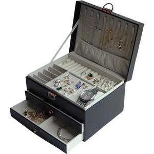 2-Drawer, 3-Tier Jewelry Organizer with Gold Key, White PU Leather and Velvet Lining - 1 of 4