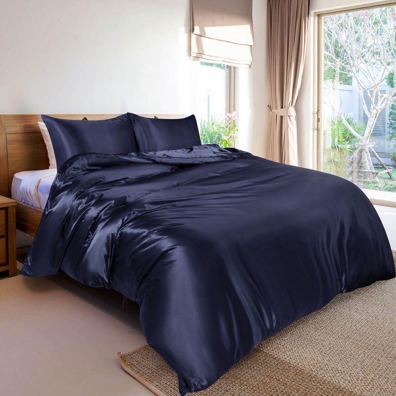 PiccoCasa Silk Satin Solid Reversible Bed Duvet Cover Set 3 Pcs, 5 of 7