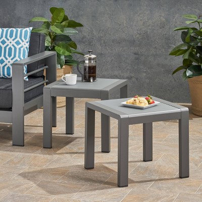 Gray Aluminum Patio Side Table Set with Frosted Glass Top
