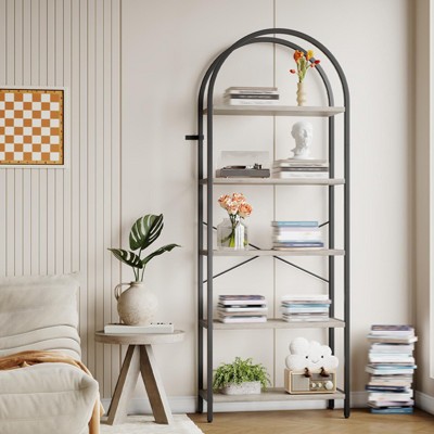 Bookshelf 6 Tiers, Modern Arched Display Rack - Tall Standing Metal Frame Wood Book Shelf for Bedroom, Living Room, Home Office