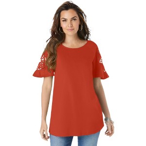 Roaman's Women's Plus Size Lace-Sleeve Tee - 1 of 4
