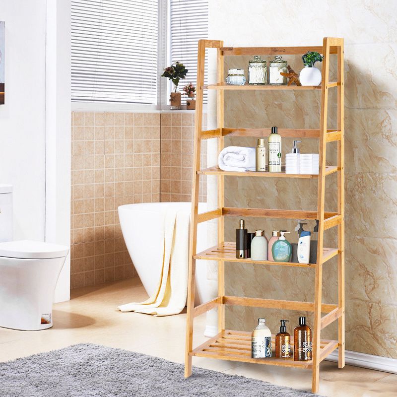 Costway Multifunctional 4 Shelf Bamboo Bookcase Ladder Plant Flower Stand Rack Storage White/Natural, 5 of 10