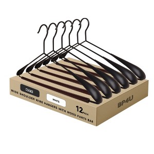 BP4U Heavy Duty Metal Wide Shoulder Hangers with Beech Wood Pants Bar, Welded Suit Hangers with Ergonomic Shape-Preserving Design  - Black/White - 1 of 4