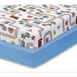 Everyday Kids 2-Pack Fitted Boys Crib Sheets, 100% Soft Breathable, Fits Standard Crib Mattress 28x52in, Train & Light Blue Nursery Sheets - 1 of 4