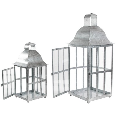 Set of 2 Distressed Galvanized Metal Hanging Candle Lanterns