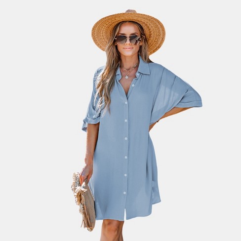 Women's Flowy Button-up T-shirt Midi Dress - Cupshe-m-blue : Target