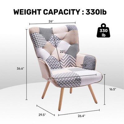 Gray Patchwork Velvet Wingback Accent Chair with Wood Legs