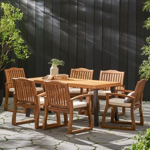 Christopher Knight Home Kittama Outdoor Acacia Wood and Rustic Metal 7 Piece Dining Set with Cushion, Teak and Cream - 1 of 4