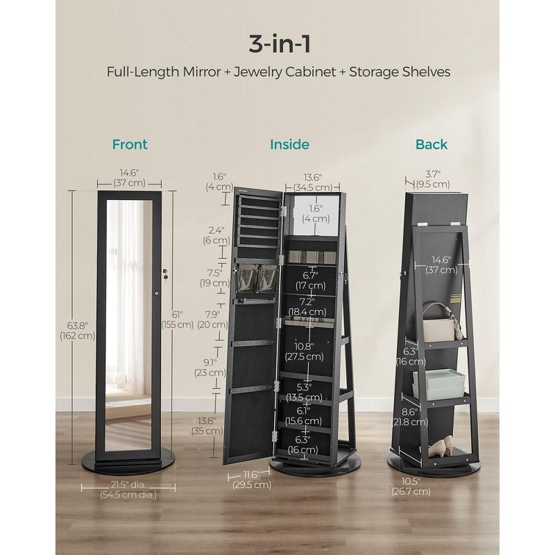 SONGMICS Mirror Jewelry Cabinet Organizer 360° Rotating Jewelry Armoire Storage Box w/ Full Length Mirror for Female, 5 of 8