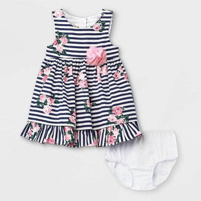 Mia & Mimi Baby Girls' Floral Striped Dress - Navy 3-6M