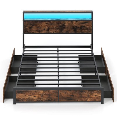 Safstar Queen Size LED Bed Frame w/2-Tier Storage Headboard & 4 Drawers Charging Station