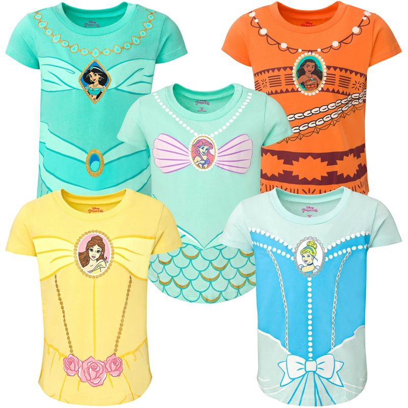Disney Princess Moana Jasmine Belle Girls 5 Pack T-Shirts Toddler, 1 of 9
