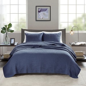 3 Pcs Stripe Stitch Reversible Quilt Set, Hotel Collection Style Solid Color Bed Blanket, Cooling Touch Cotton Filling Bedding with Matching Shams - 1 of 4