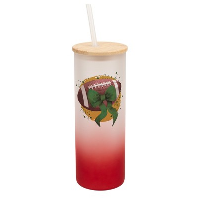 Elanze Designs 25 Ounce Frosted Glass Gradient Travel Tumbler With Straw and Wooden Lid, Football With Green Bow Red