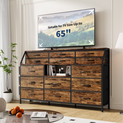 Dresser for Bedroom with 14 Drawers, 55" W Dresser with Side Pocket, Fabric Dressers & Chests of Drawers with Shelves, Sturdy Frame, Wood Top