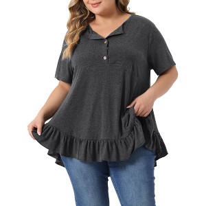 Agnes Orinda Women's Plus Size V-Neck Button-up Short Sleeve Ruffled Hem T-Shirts - 1 of 4