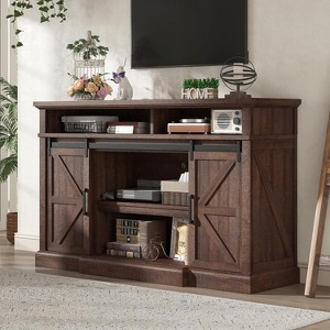 AMERLIFE 66" W Farmhouse TV Stand, Wood 40" H Tall Entertainment Center with Sliding Barn Door - 1 of 4