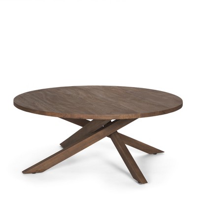 HomeRoots 42" Brown Solid Wood Round Cross Legs Coffee Table